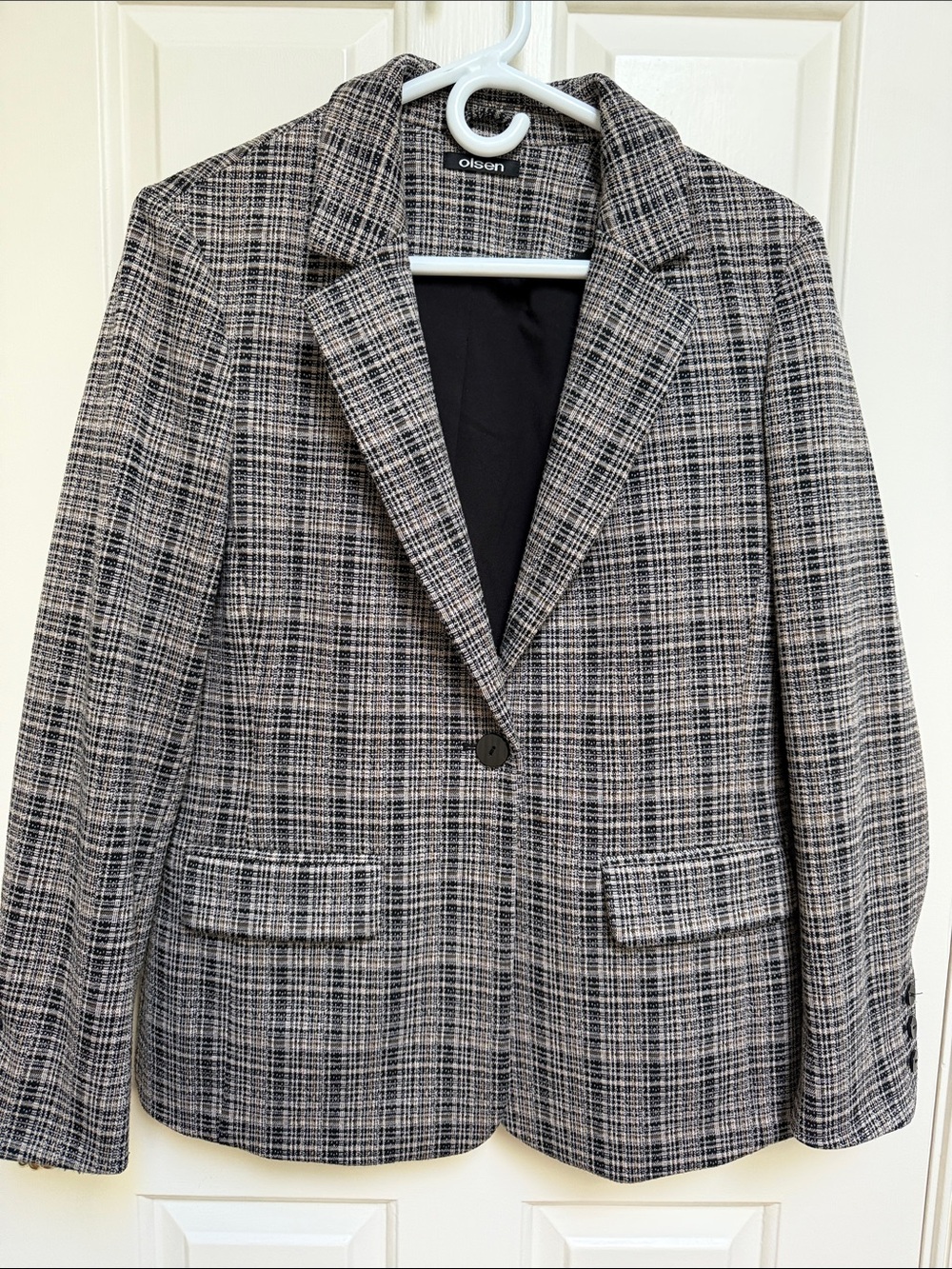 Olsen sz 8 (S-M) Tailored Single Button Plaid Blazer Jacket - black tan
